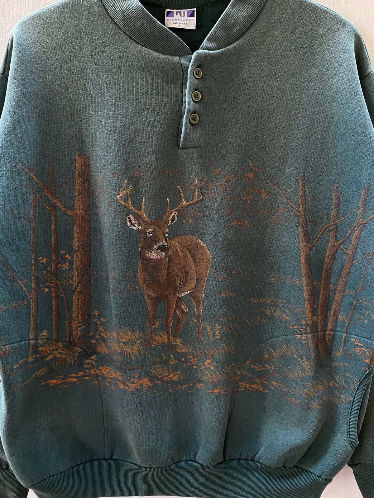 Japanese Brand Graphic Animal 'Deer' Half Button Fleece Crewneck Size US M / EU 48-50 / 2 - 3 Thumbnail