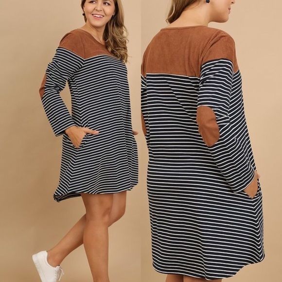 Other Umgee S Blue White Striped Tunic Dress Pockets Brown Elbow P Size S / US 4 / IT 40 - 1 Thumbnail