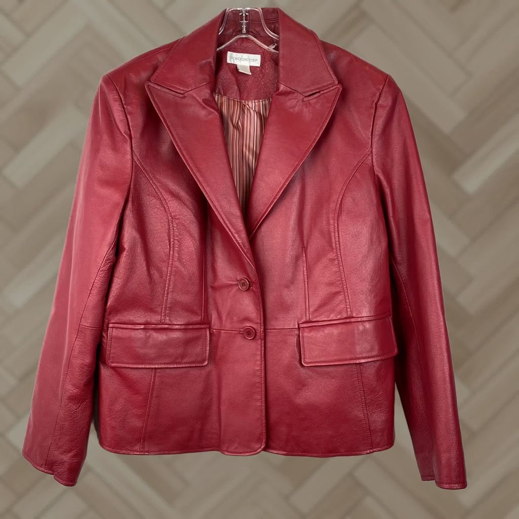 Vintage Worthington Industries Red Leather Jacket Women XL Blazer Coat Button Notch Holiday Basic Jacket Size XL / US 12-14 / IT 48-50 - 1 Thumbnail