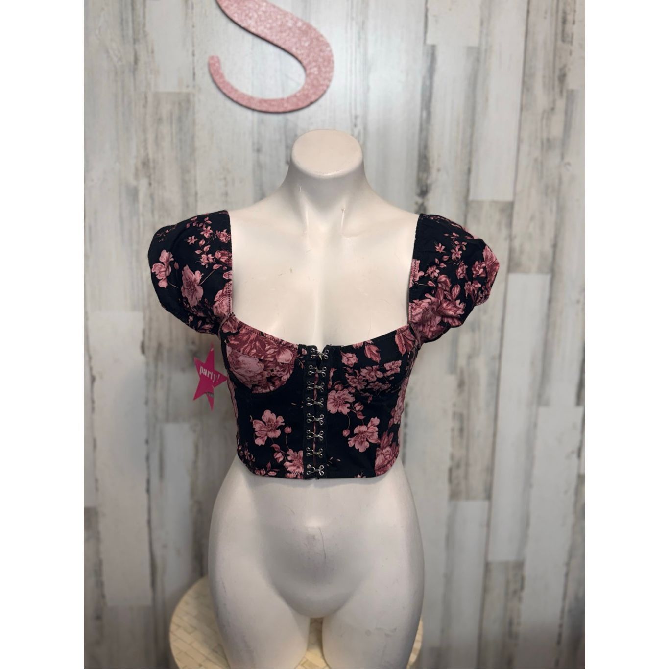 Melrose XS Black Pink Floral Corset Crop Top Puff Sleeve Hook-Front Size XS / US 0-2 / IT 36-38 - 2 Thumbnail