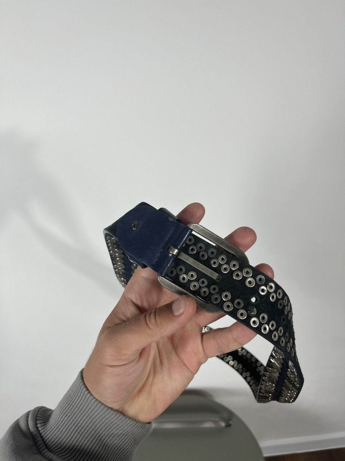 Vintage Blue Leather Belt with Silver Metal Studs Punk Rock Style Size ONE SIZE - 14 Thumbnail