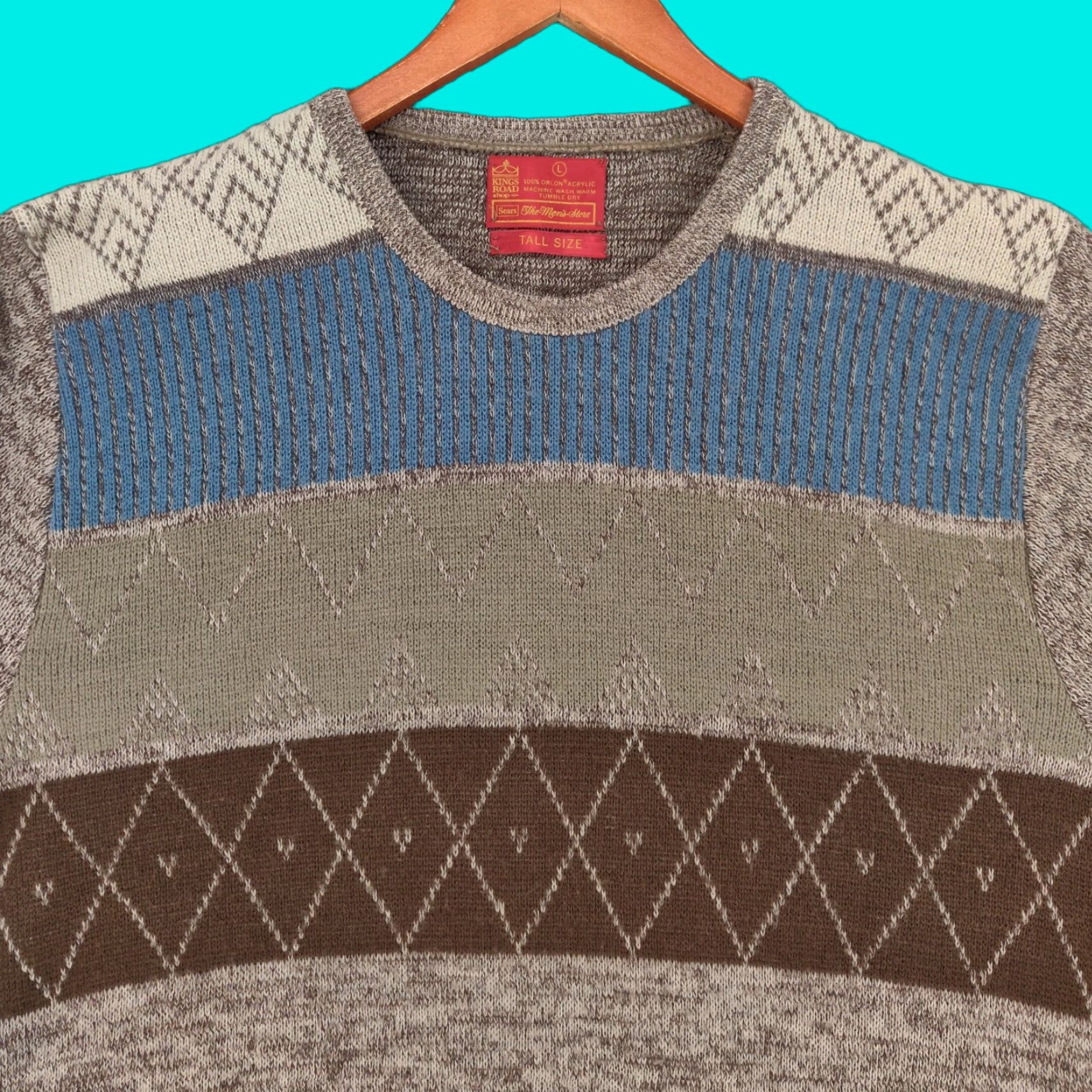 Sears VINTAGE Sears Kings Road Sweater Mens Large Tall Argyle Knit Crew Neck Brown 80s Golf Tennis Grunge Rockabilly Mens Size US L / EU 52-54 / 3 - 1 Thumbnail