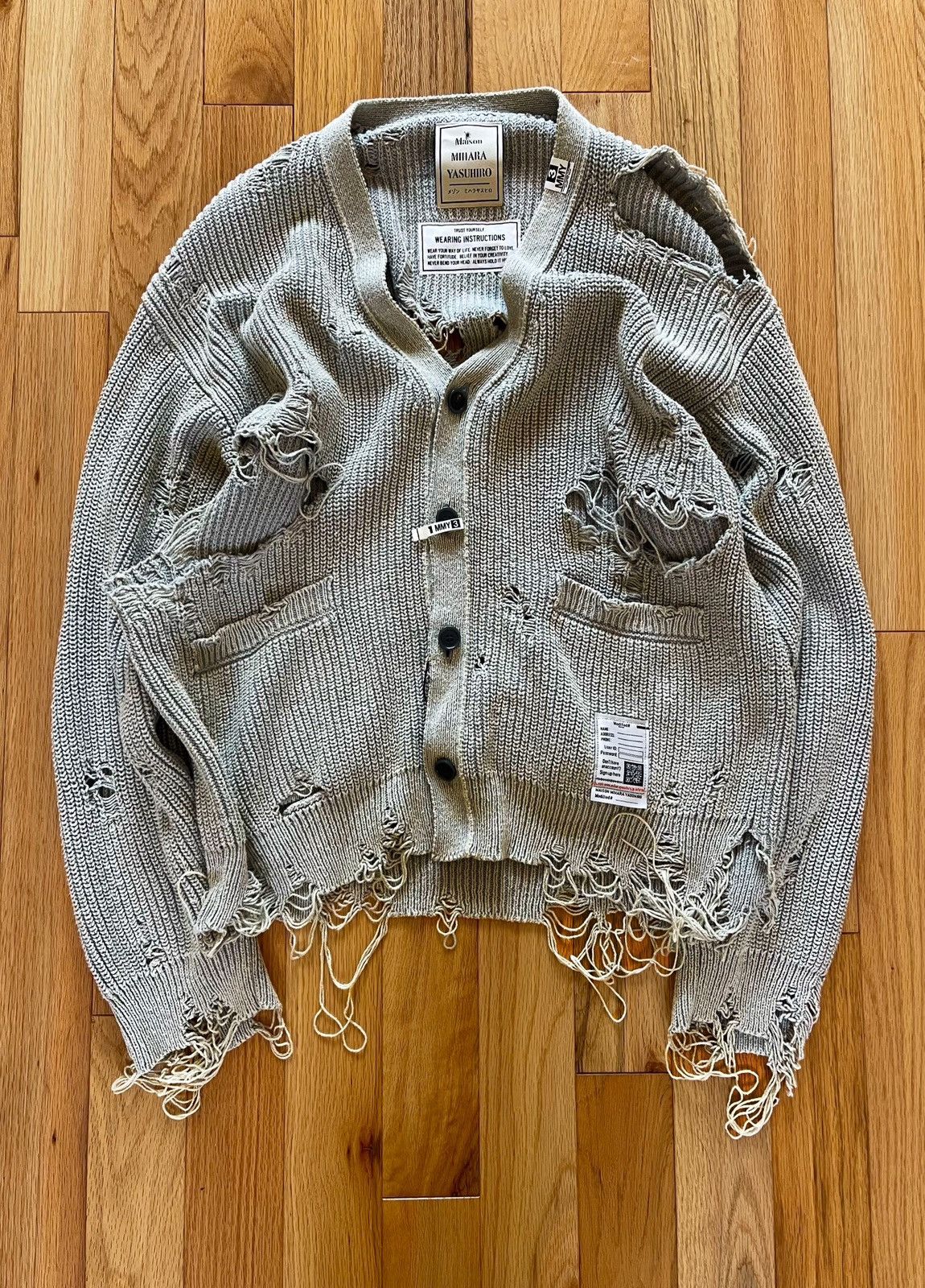 image of Miharayasuhiro Aw2023 ‘Thrash Distressed’ Smoke Grey Cardigan, Men's (Size Medium)