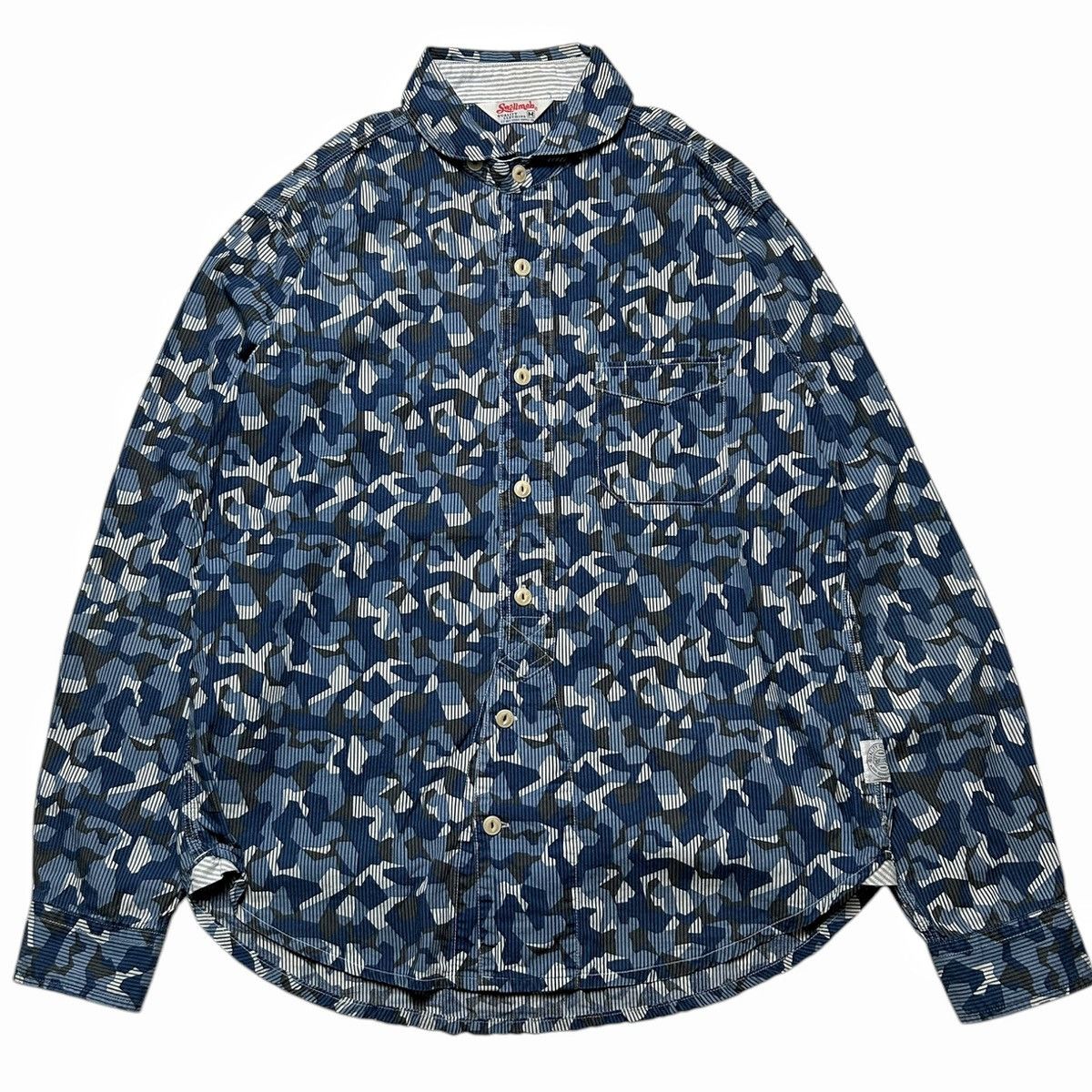 Japanese Brand Swellmob Shawl Collar Blue Seamless Camouflage Work Shirt Size US M / EU 48-50 / 2 - 2 Thumbnail