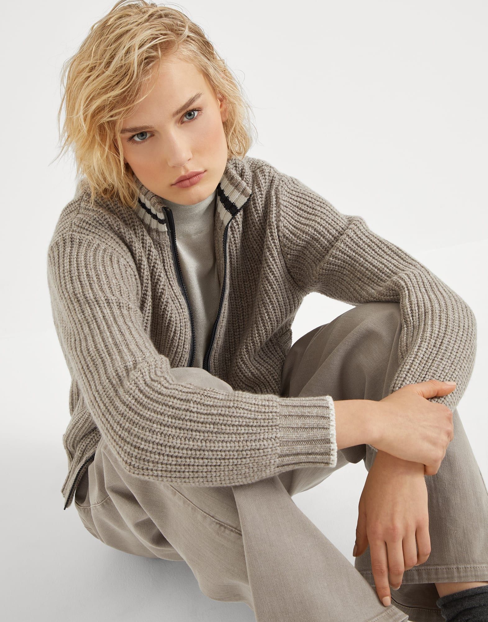 Brunello Cucinelli o1la1rc1a1025 Zip Sweater in Beige Size XL / US 12-14 / IT 48-50 - 4 Thumbnail