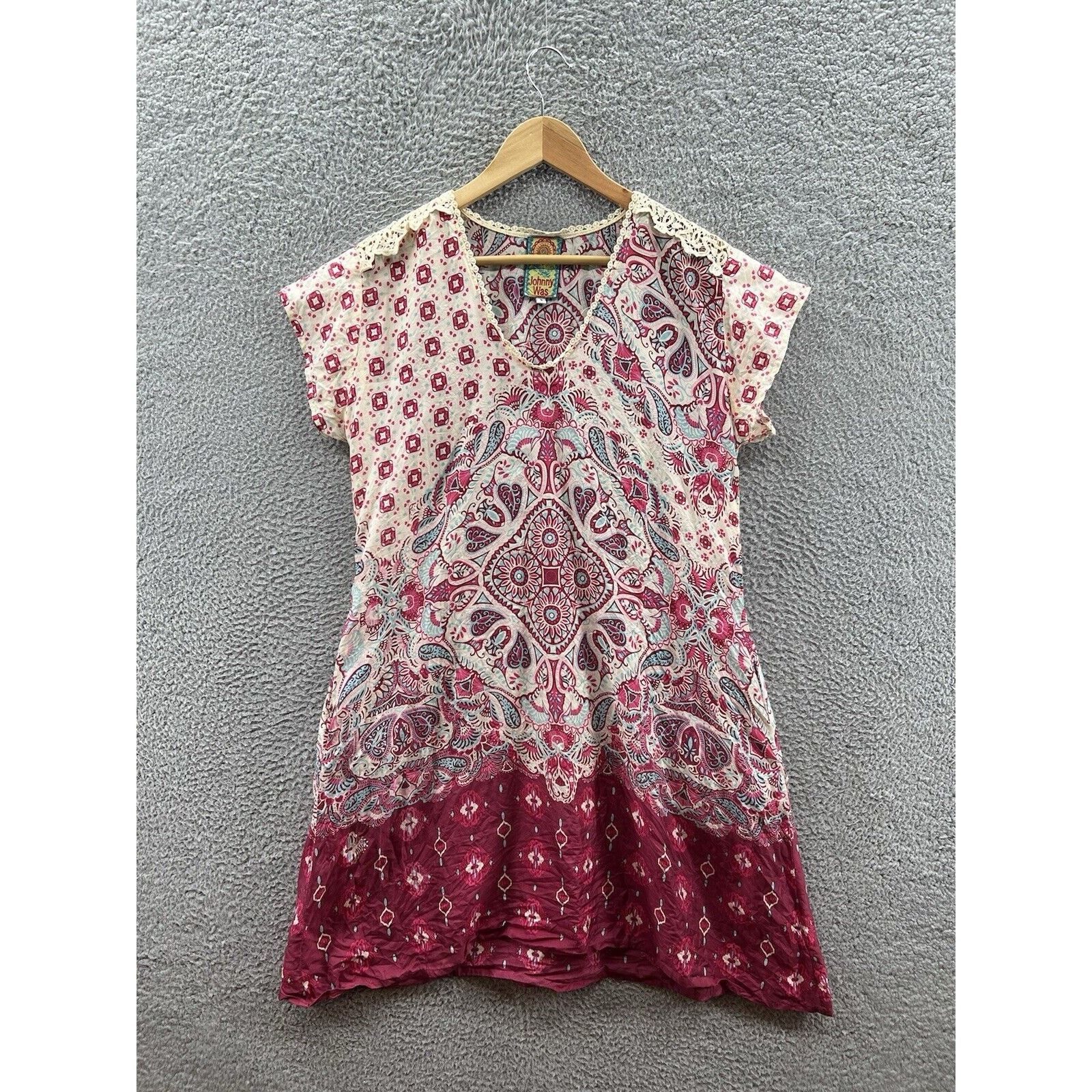 Johnny Was JOHNNY WAS Silk Red Combo Floral Lace Trim Dress W/ Pockets Size S / US 4 / IT 40 - 1 Thumbnail