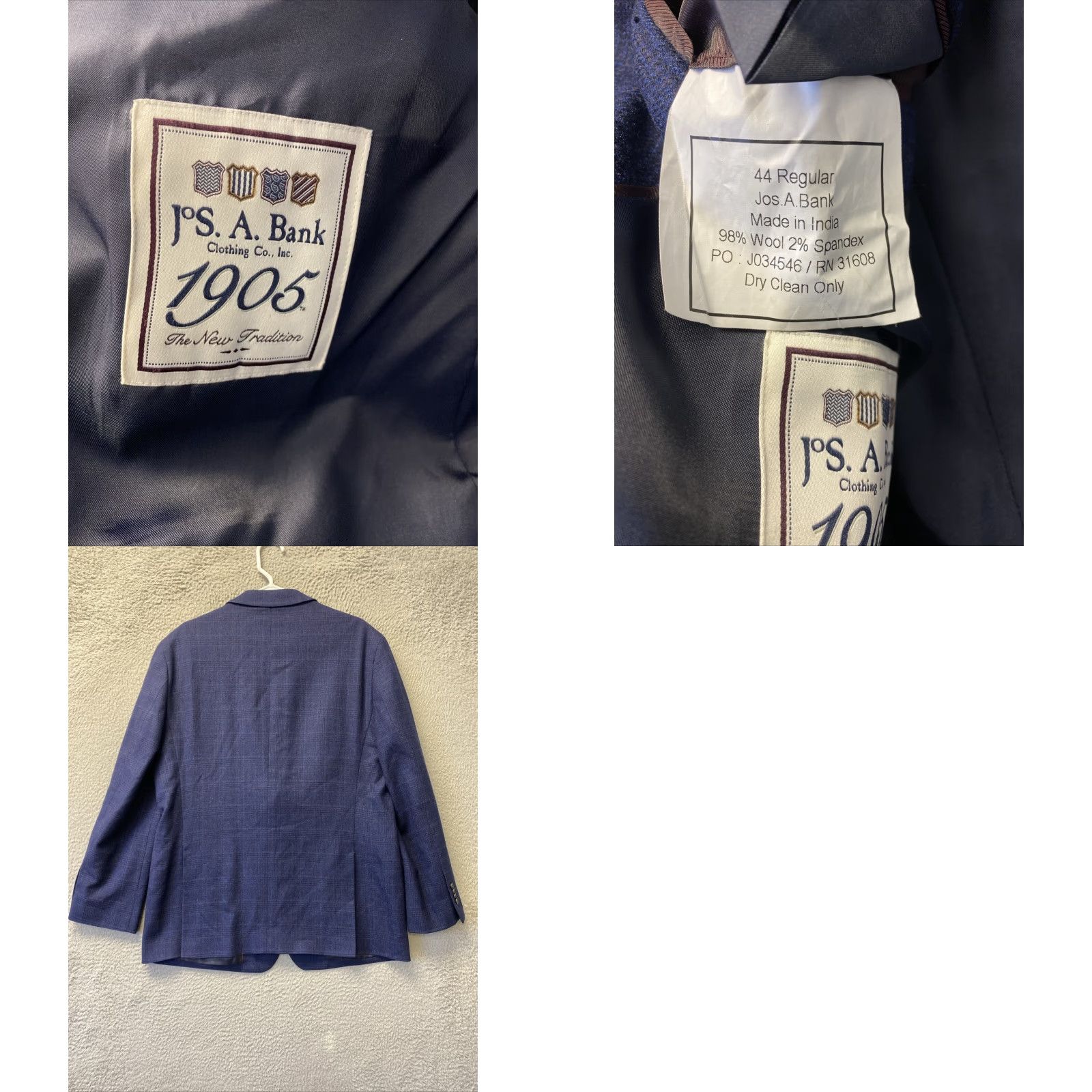 Vintage VINTAGE Jos A Bank Men's Suit Jacket Blue Plaid Wool Spandex 44R Business Wedding Formal Size 44R - 8 Thumbnail