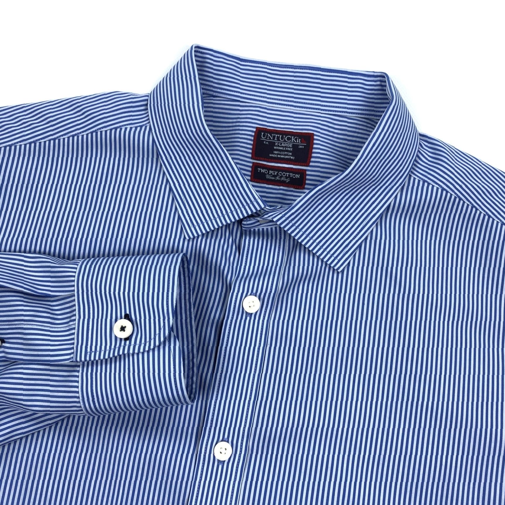 UNTUCKit UNTUCKit Men's XL Blue White Stripe Two Ply Cotton Button-Down Shirt Size US XL / EU 56 / 4 - 2 Thumbnail