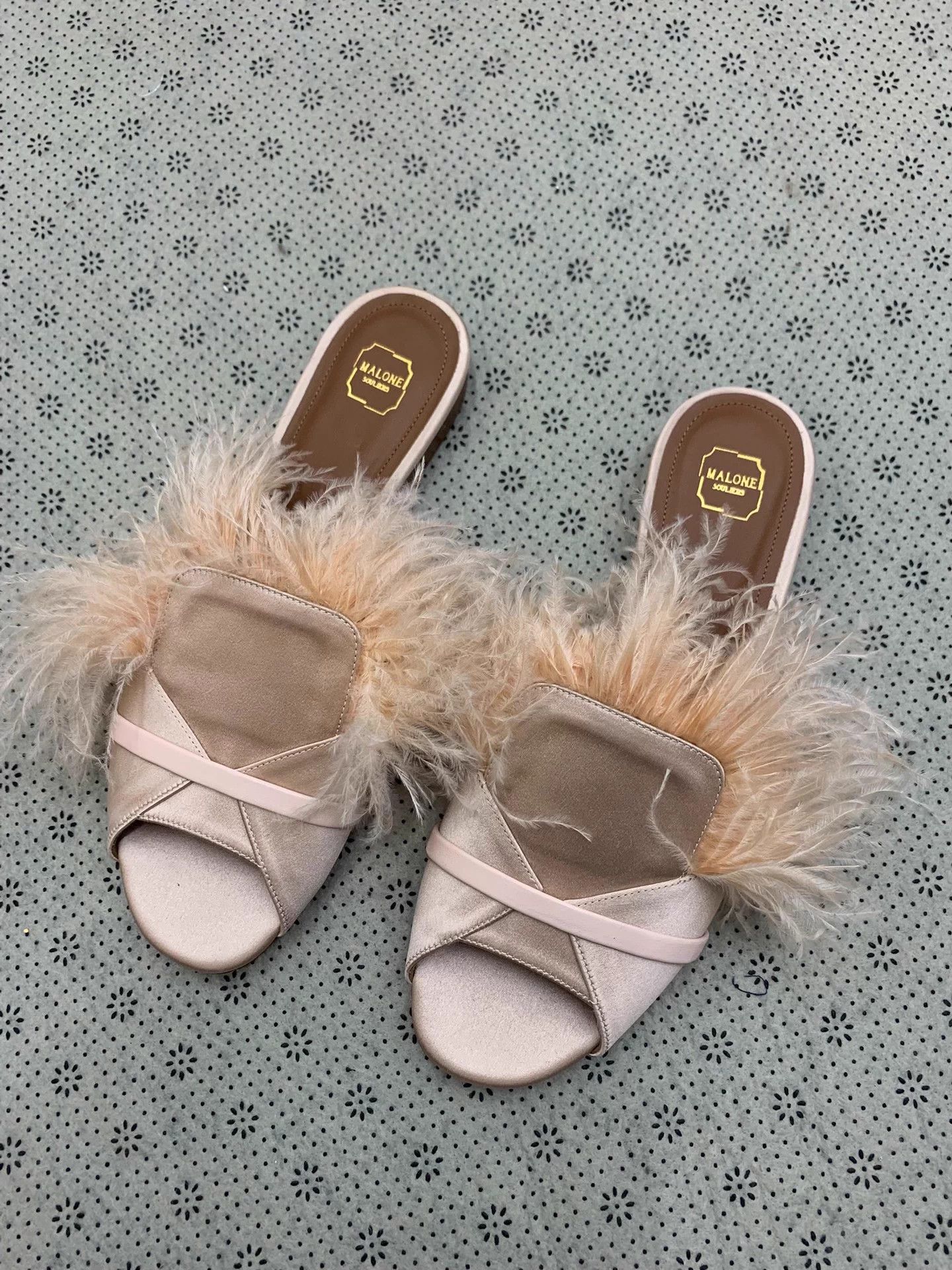 Malone Souliers Pink Ostrich Fur Slippers 36.5 EU New