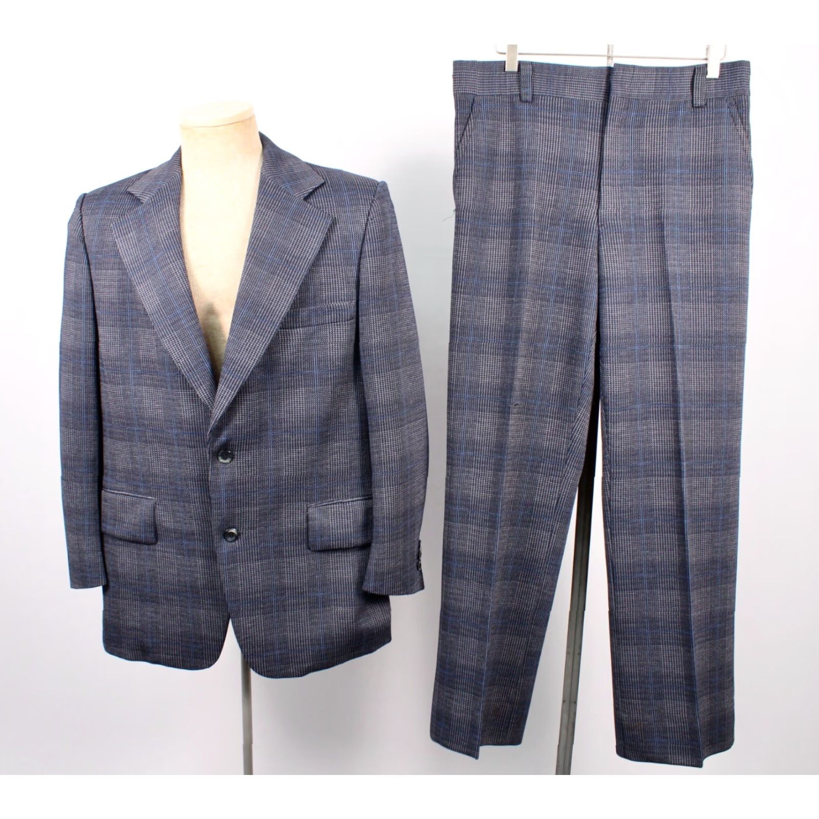Vintage MENS VTG 70s 2 PC Dark Blue Leisure Suit W Tie Sz M 1970s Polyester Disco Plaid Shirt Size 40R - 2 Thumbnail