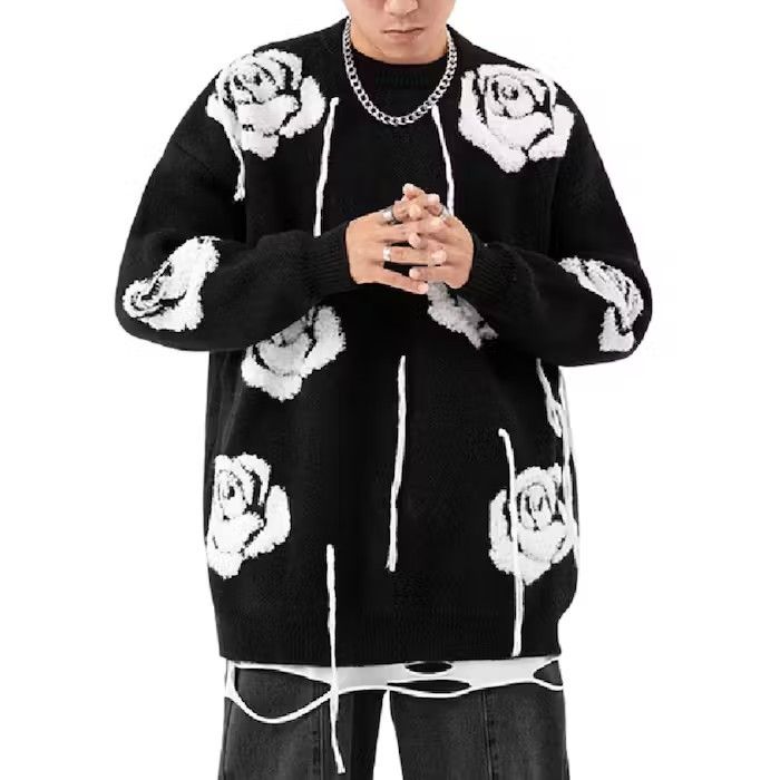 image of Vintage Rose Embroidery Graphic Black Knit Sweater, Men's (Size Medium)