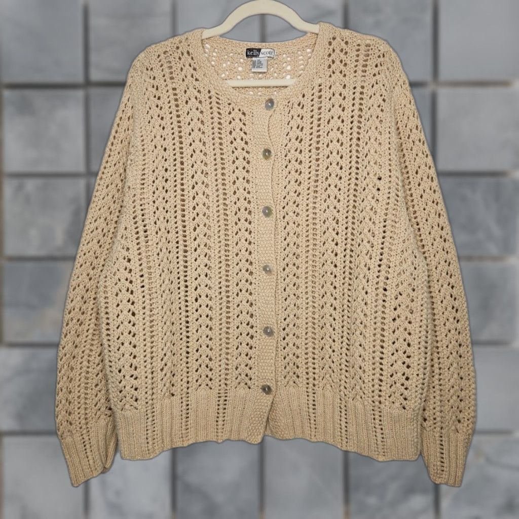 Vintage VINTAGE Kelly Scott Cardigan Unisex Adults 3XL Tan Knit Crochet Fairy Whimy Grandma Button Sweater Size XXL / US 16-18 / IT 52-54 - 1 Thumbnail