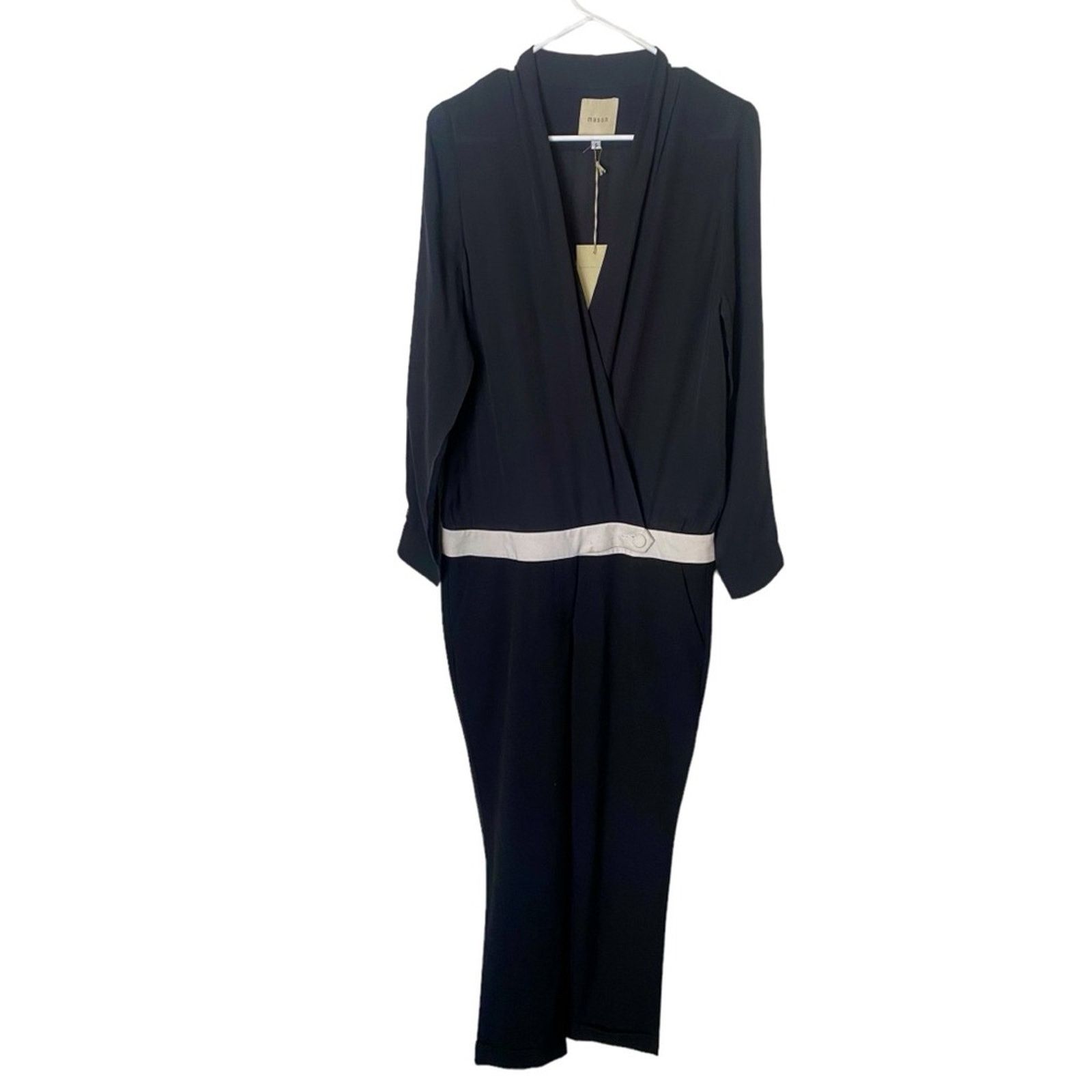 Designer NWT Mason Silk V Neck Long Sleeve Jumpsuit Black 4 Size 27" / US 4 / IT 40 - 1 Thumbnail