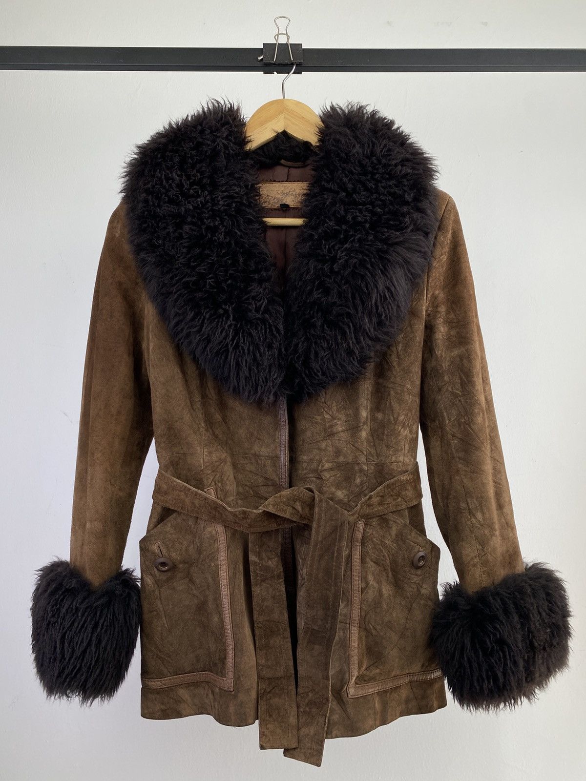 Vintage 90's Brown Worn Suede Mongolian Fur Jacket