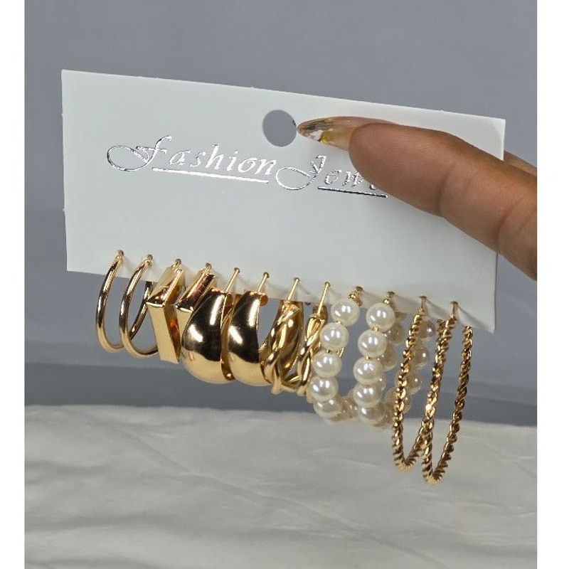 Other 6 Pair Fashion Jewelry Earring Set Gold Hoops Pearls Styles Size ONE SIZE - 2 Thumbnail