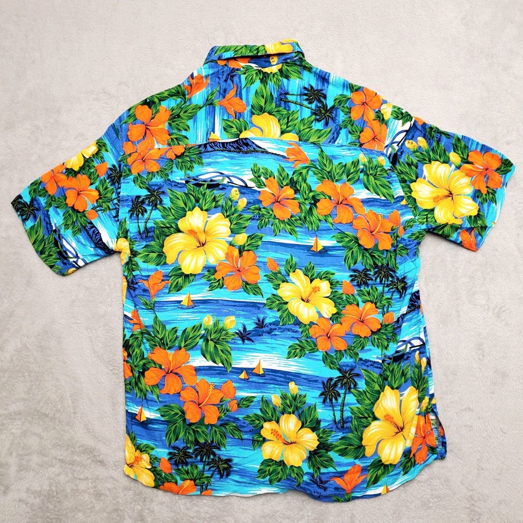 Vintage Squish Shirt Mens Small Blue Orange Hibiscus Palm Ocean Waves 100% Rayon Casual Shirt, Floral, Short Sleeve, Button-Up, Viscose, Mens Size US S / EU 44-46 / 1 - 4 Thumbnail