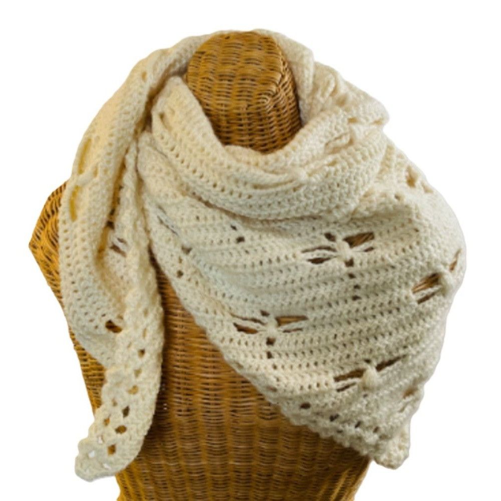 Handmade Crochet Shawl Cowl Wrap Dragonfly Cut Outs Off White 67" x 3 Size ONE SIZE - 3 Thumbnail