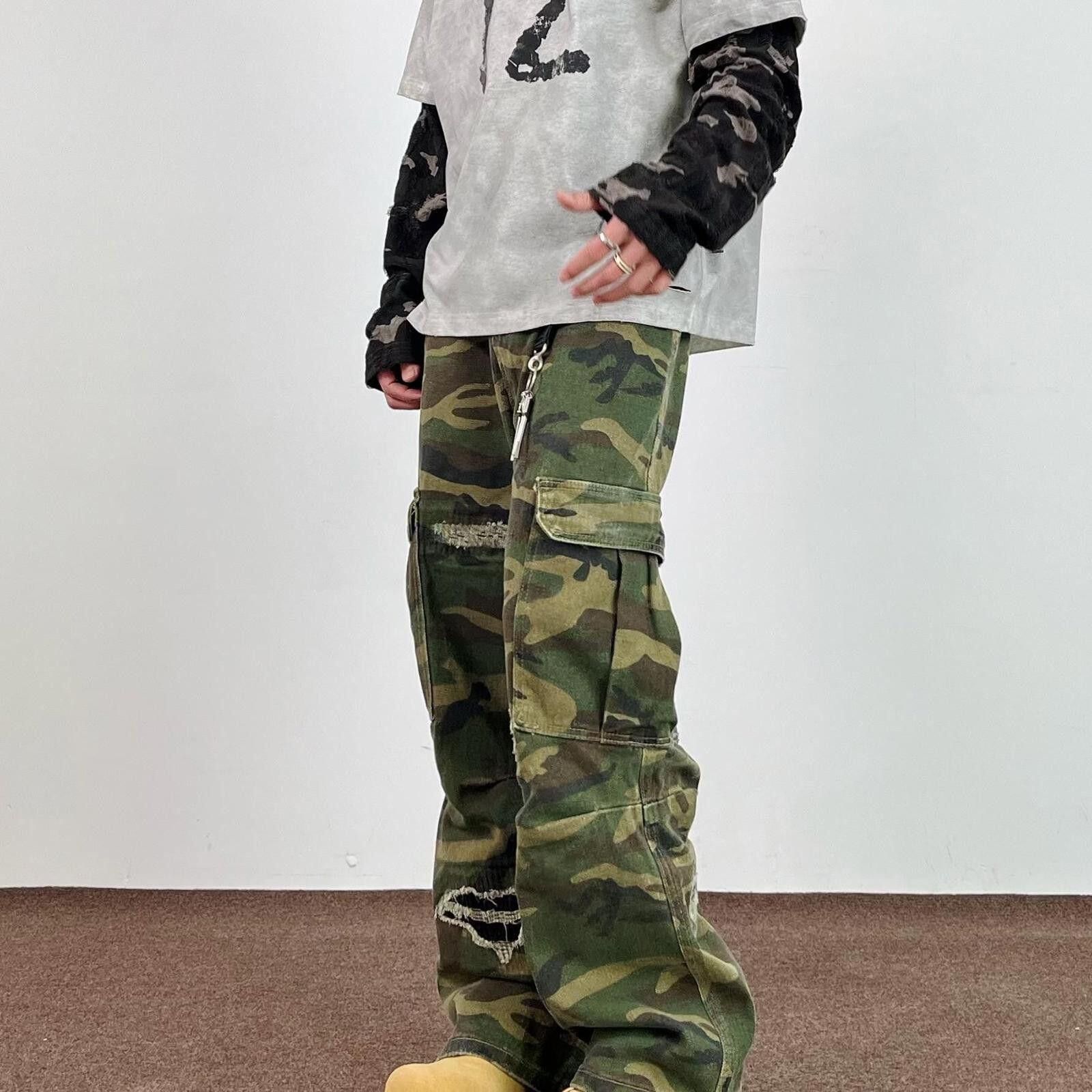 Other Camo Distressed Cargo Stacked Pants, Wide Leg Flared Pants Size US 28 / EU 44 - 4 Thumbnail