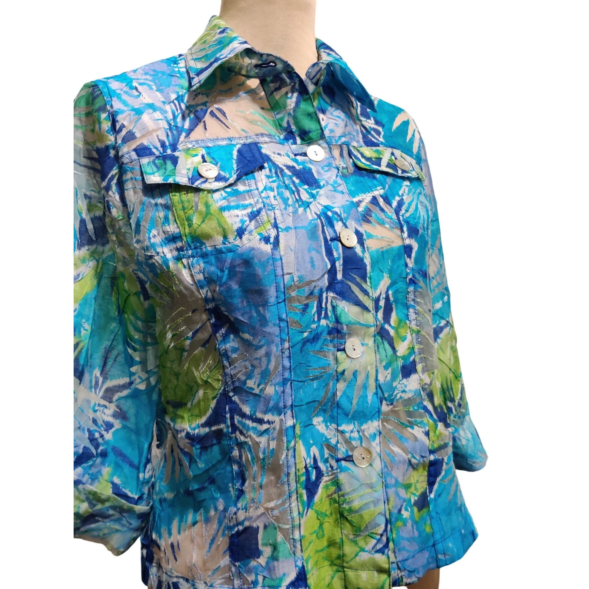 Other Ruby Rd 10 Womens Blue Green Blouse Tropical Button Front Se Size L / US 10 / IT 46 - 2 Thumbnail