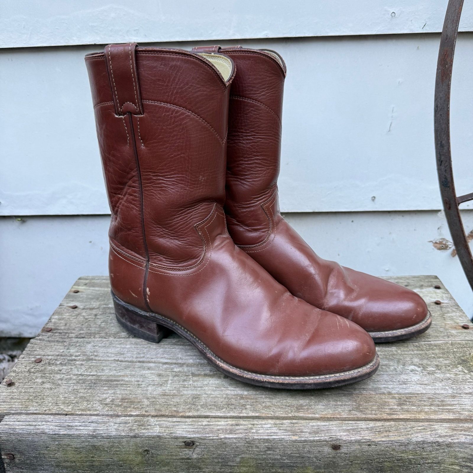 Justin Boots Brown Round Toe Roper Cowboy Boots Rubber Sole