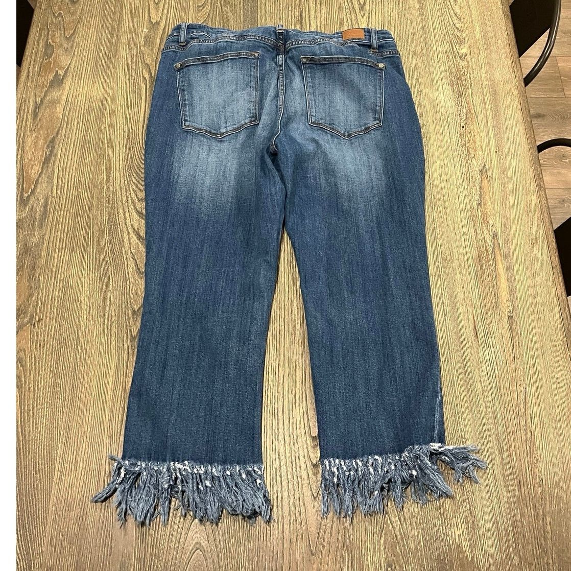 Judy Blue Judy Blue Cropped Fit Jeans Mid Rise Fringe Hem Blue 2XL Size 35" - 11 Thumbnail