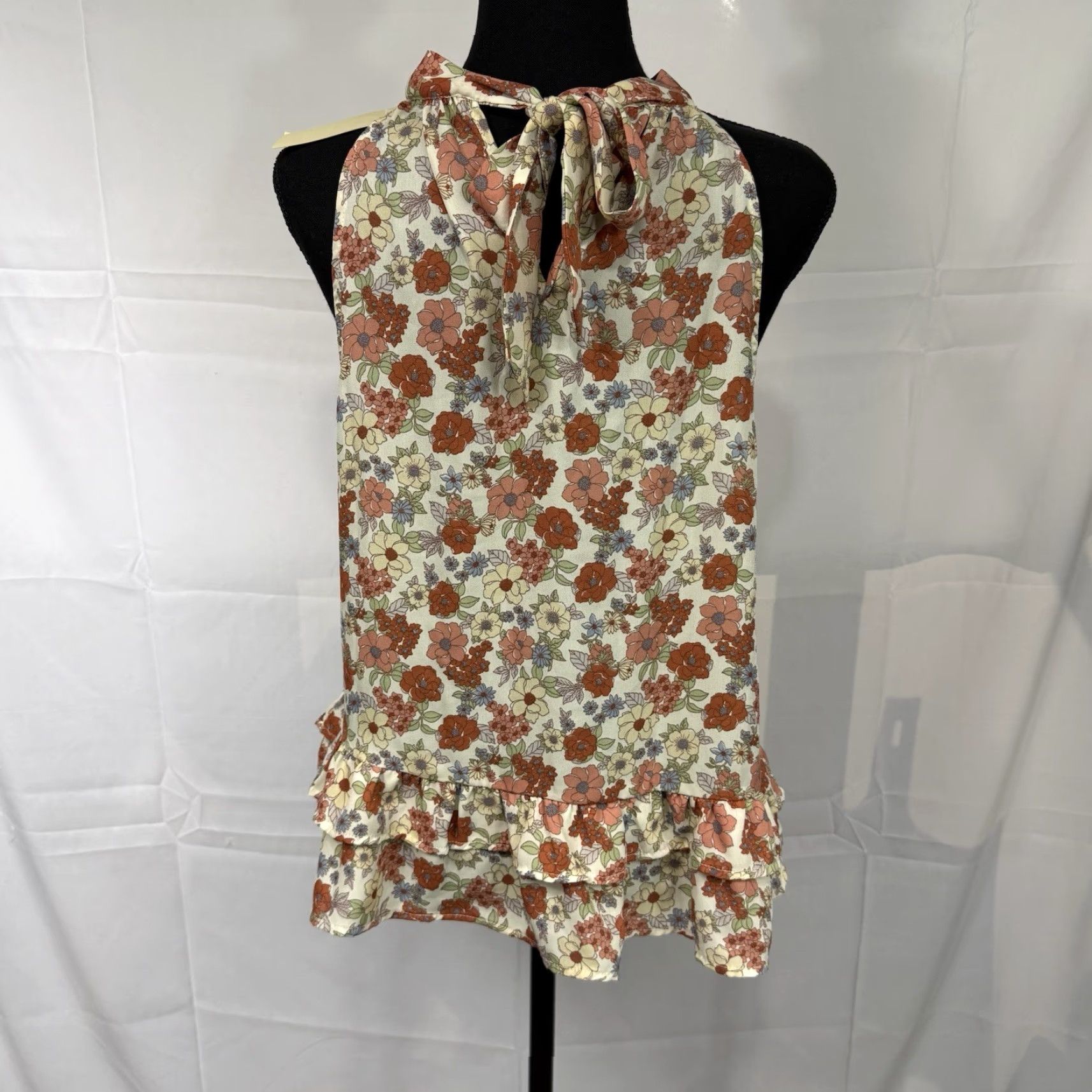 Vintage Monteau Blouse Women's XL Beige Floral Dusty Rose Halter Sleeveless Top NWT Size XL / US 12-14 / IT 48-50 - 2 Thumbnail