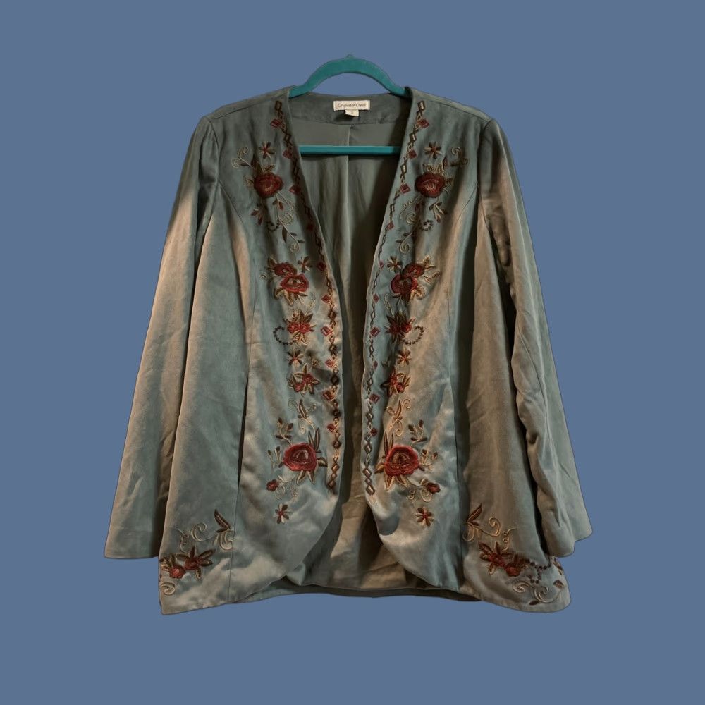 Coldwater Creek Coldwater Creek PL 14 L Western Moleskin Boho Art Folk Long Blazer Jacket XL Women Soft Gray Green Blue Size XL / US 12-14 / IT 48-50 - 1 Thumbnail