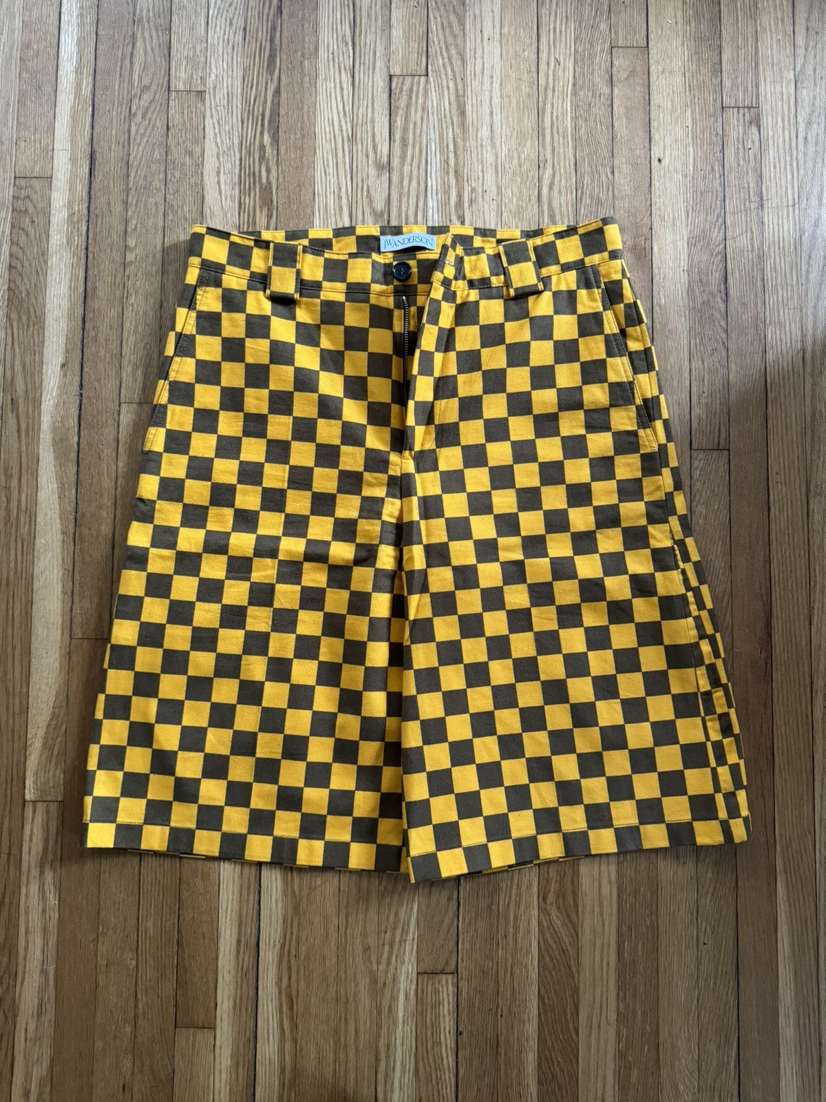 image of J W Anderson Brown/ Yellow Checkered Print Shorts in Brown/Yellow, Men's (Size 38)