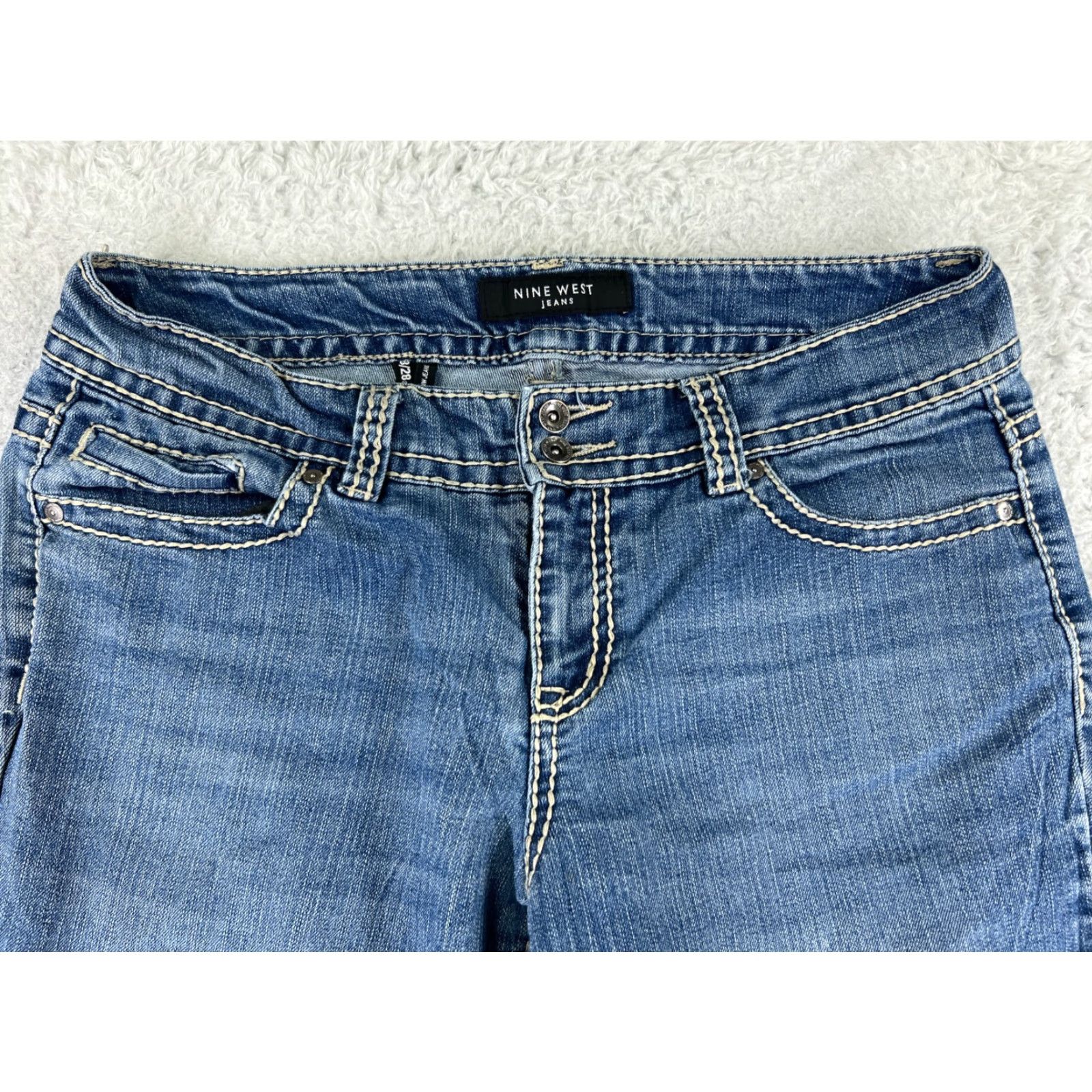 Nine West Nine West Jeans Womens 8 Blue Denim Bootcut 30x30 Regular Mid Wash Embellished Bling Logo 5-Pocket Designer American Classic Pattern Solid Size 30" / US 8 / IT 44 - 4 Thumbnail