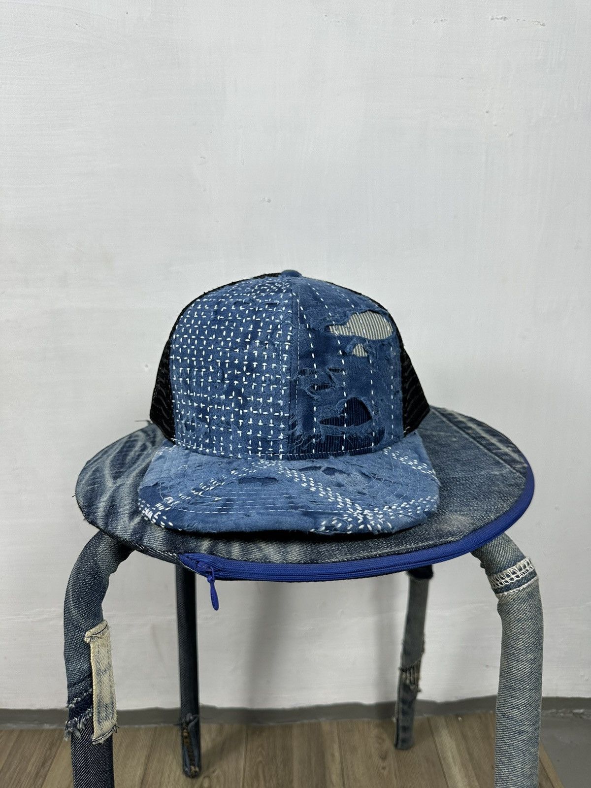 Handmade Custom Made Distressed Patchwork Boro Trucker hats Size ONE SIZE - 1 Thumbnail