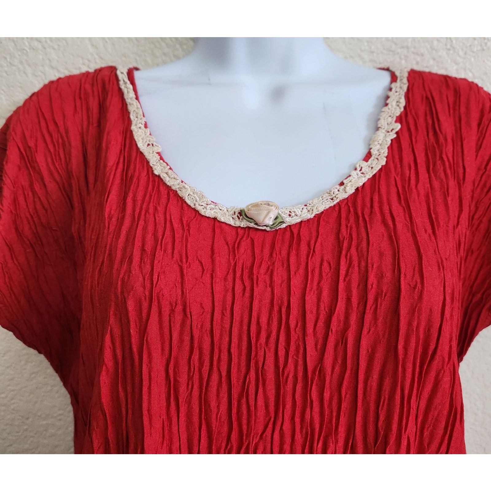 Other Vintage California Dynasty Red Crinkle Material Nightgown L Size ONE SIZE - 2 Thumbnail