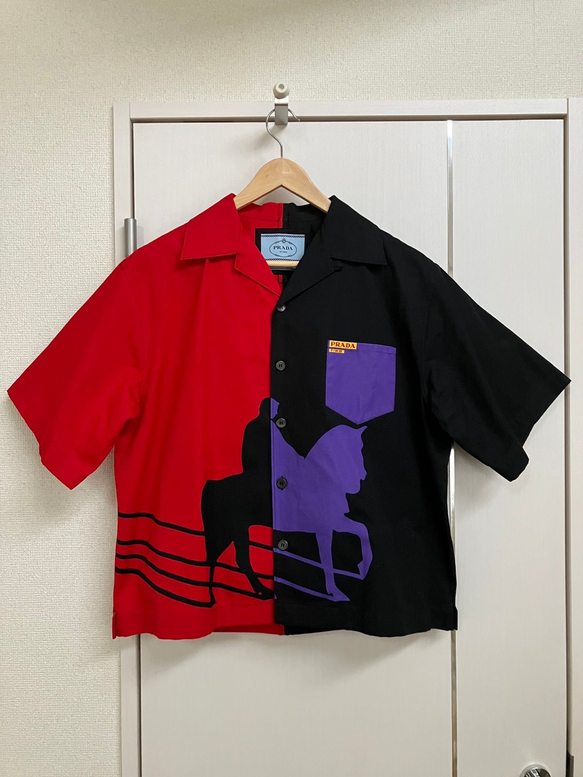 Pre-owned Prada Fw20 Red & Black Horse Heavy Cotton Double Match Camp Shirt In Black/red