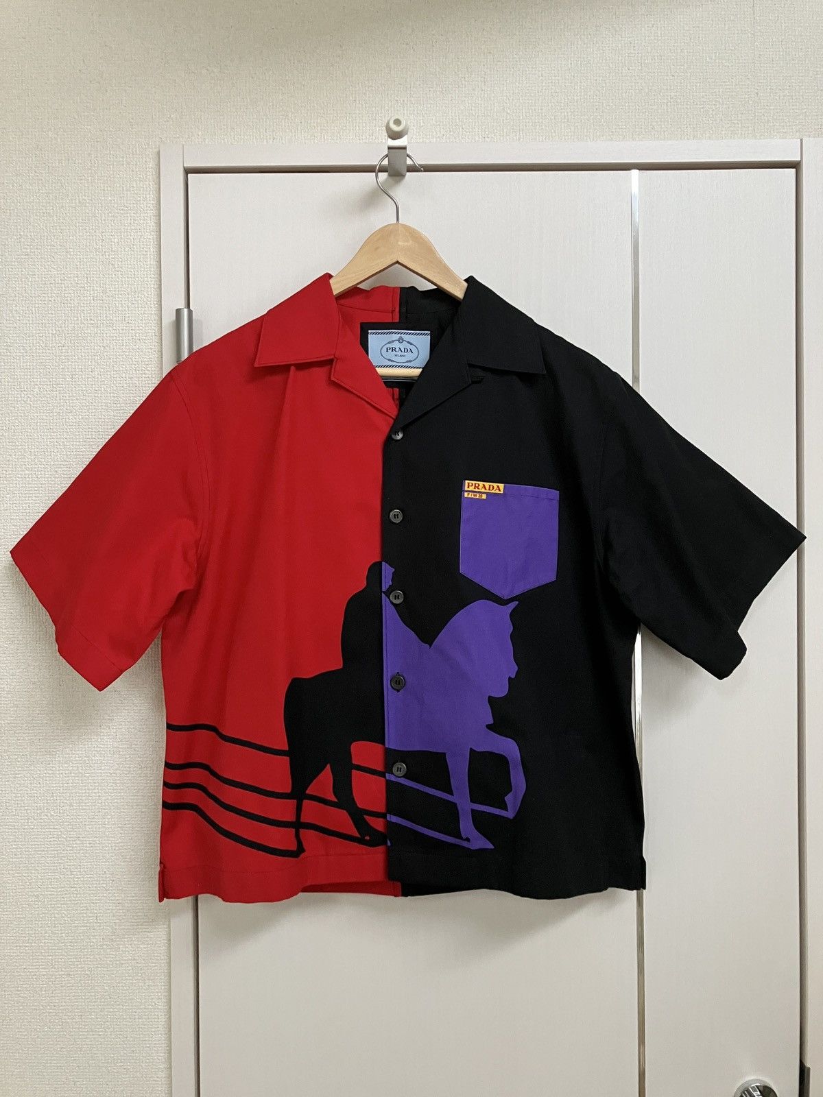 Pre-owned Prada Fw20 Red & Black Horse Heavy Cotton Double Match Camp Shirt In Black/red