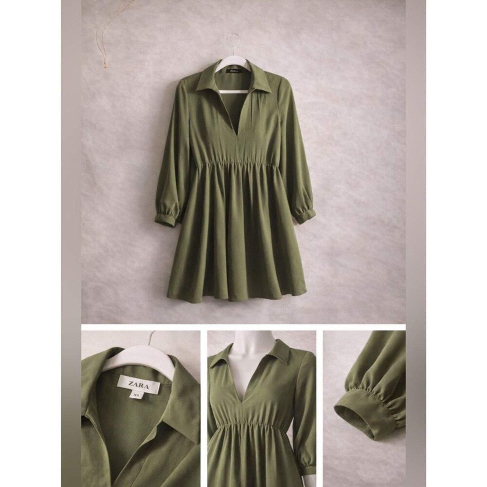 zara green babydoll dress Zara olive khaki mini long sleeves XS Midi dress with