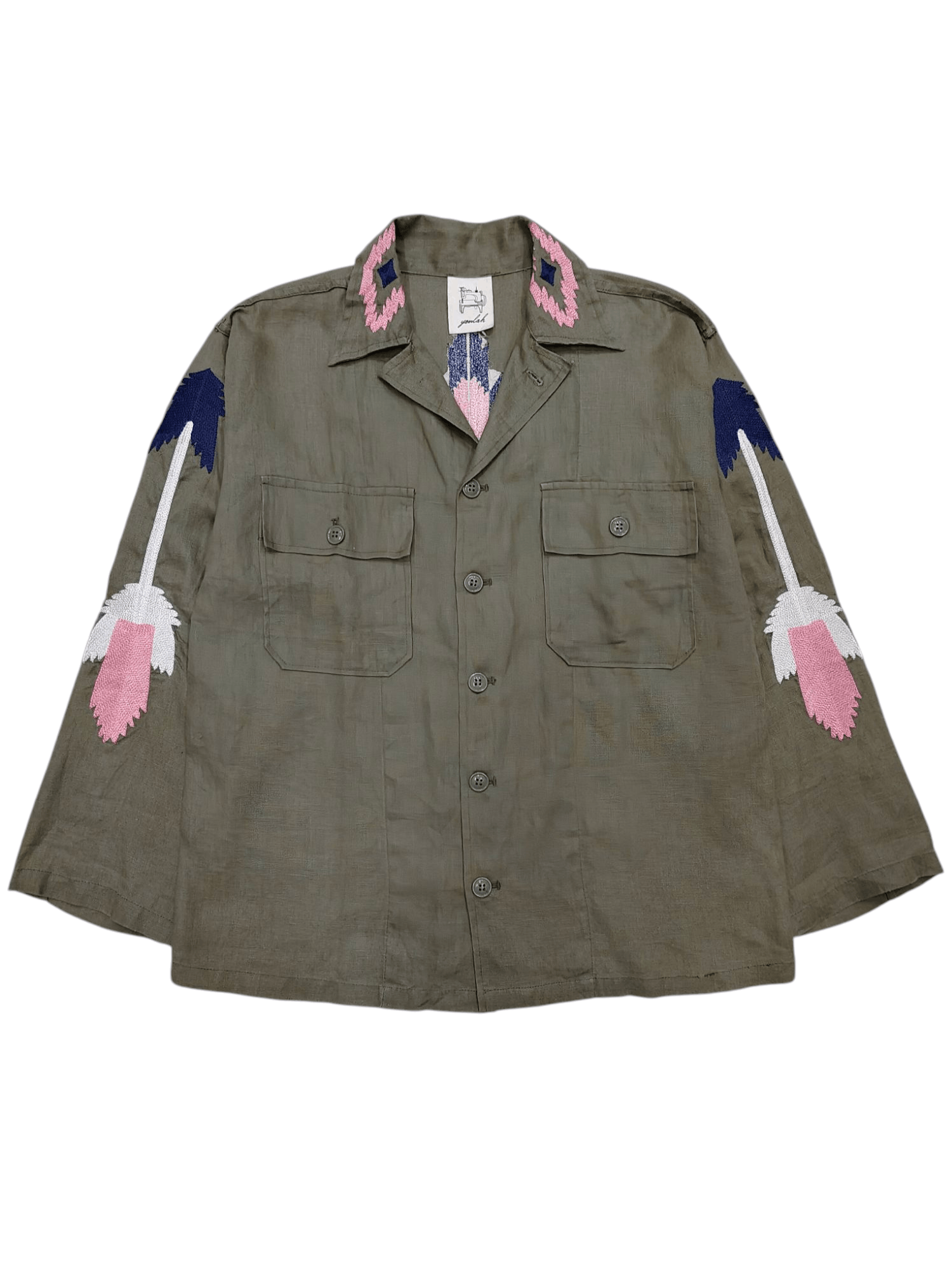 Vintage Youlah Chimayo Embroidered Linen Army Shirt Size US M / EU 48-50 / 2 - 1 Thumbnail