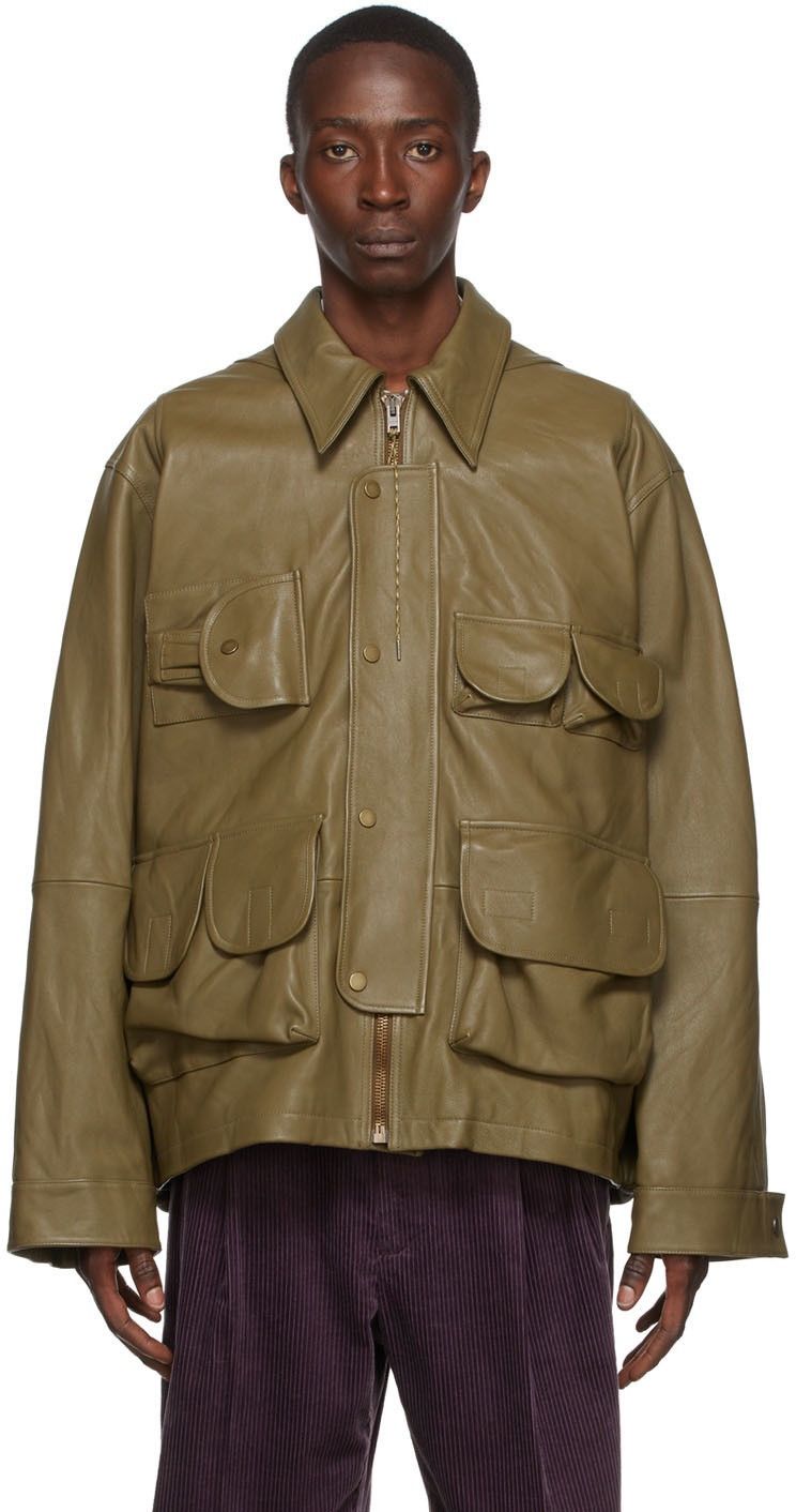 Acne Studios Khaki Grained Cargo Leather Jacket Size US M / EU 48-50 / 2 - 1 Thumbnail