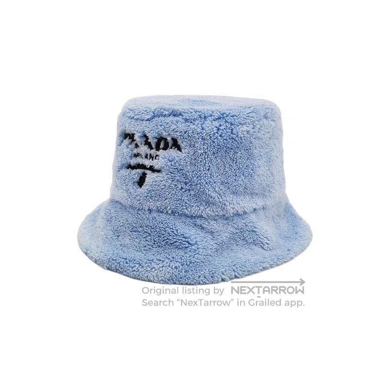 Prada Plush Fleece Bucket Hat with Logo.