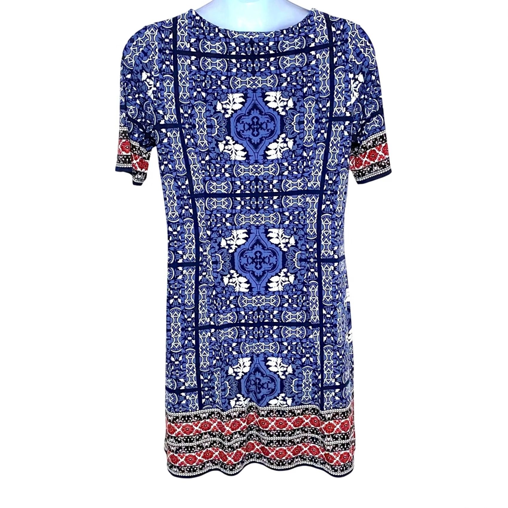Vintage Westport 1962 Shift Dress 16 Blue Red Medallion Bandana Boho Chic Artsy Stretch Size XXL / US 16-18 / IT 52-54 - 3 Thumbnail