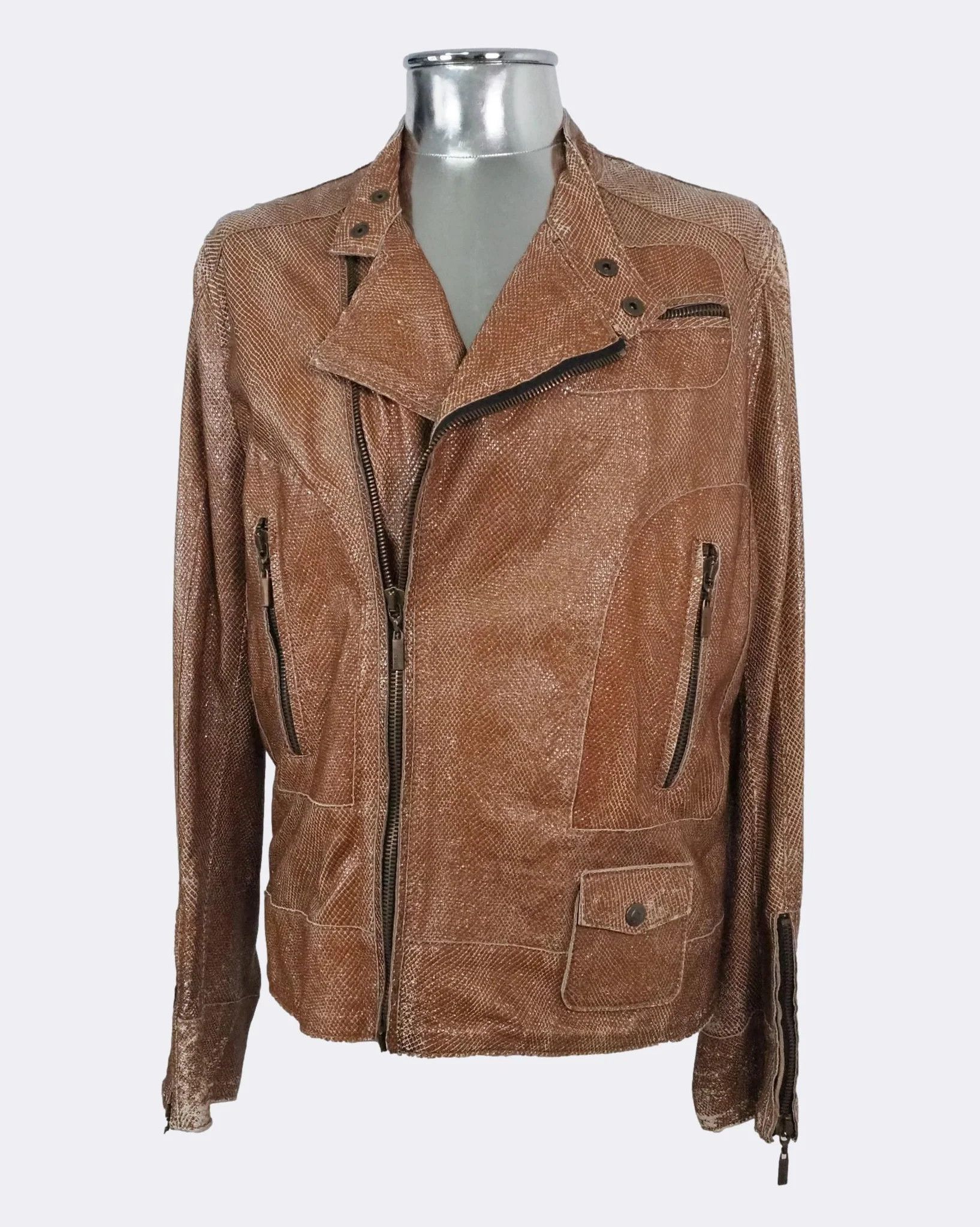 image of Men's Just Cavalli Snakeskin Leather Biker Jacket $1900 in Brown (Size Medium)