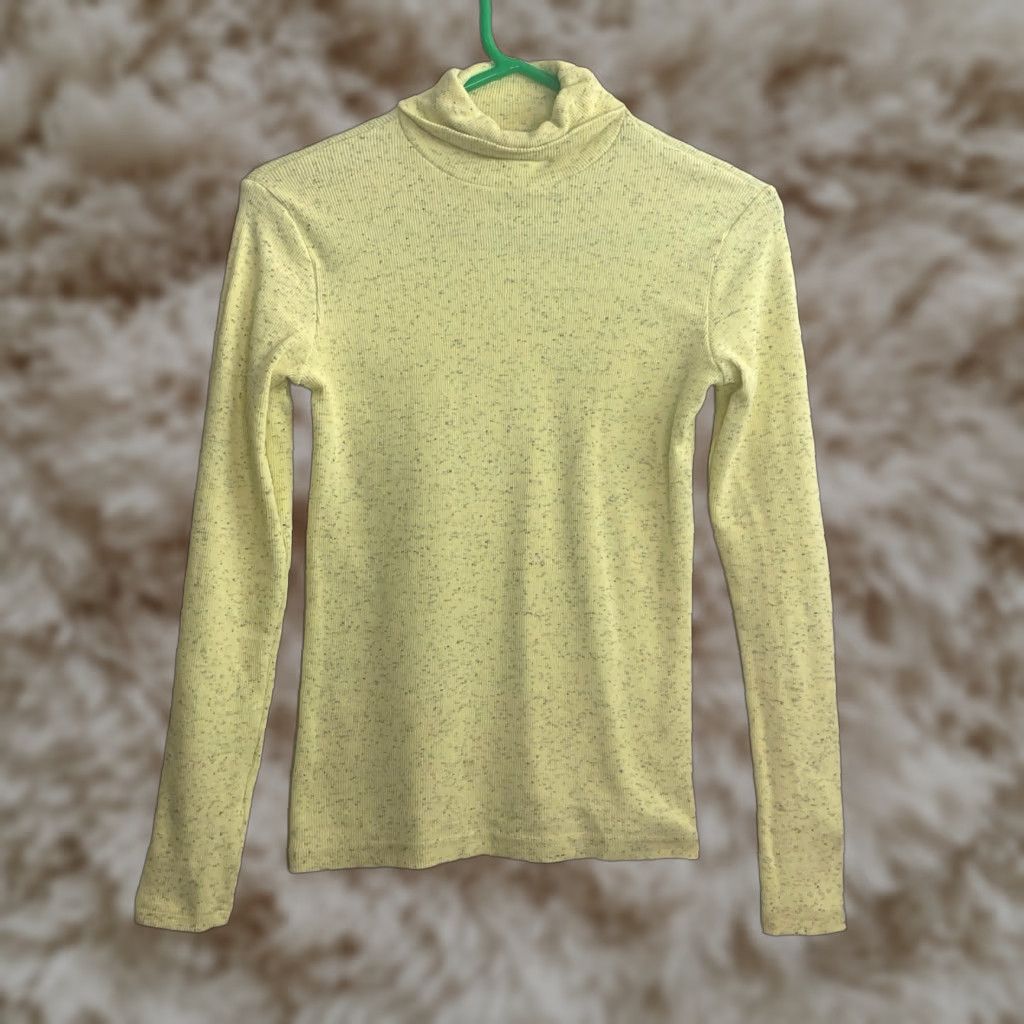 Kare Turtleneck Women L Gray Yellow Marled Lightweight Rib Knit Pullover Sweater