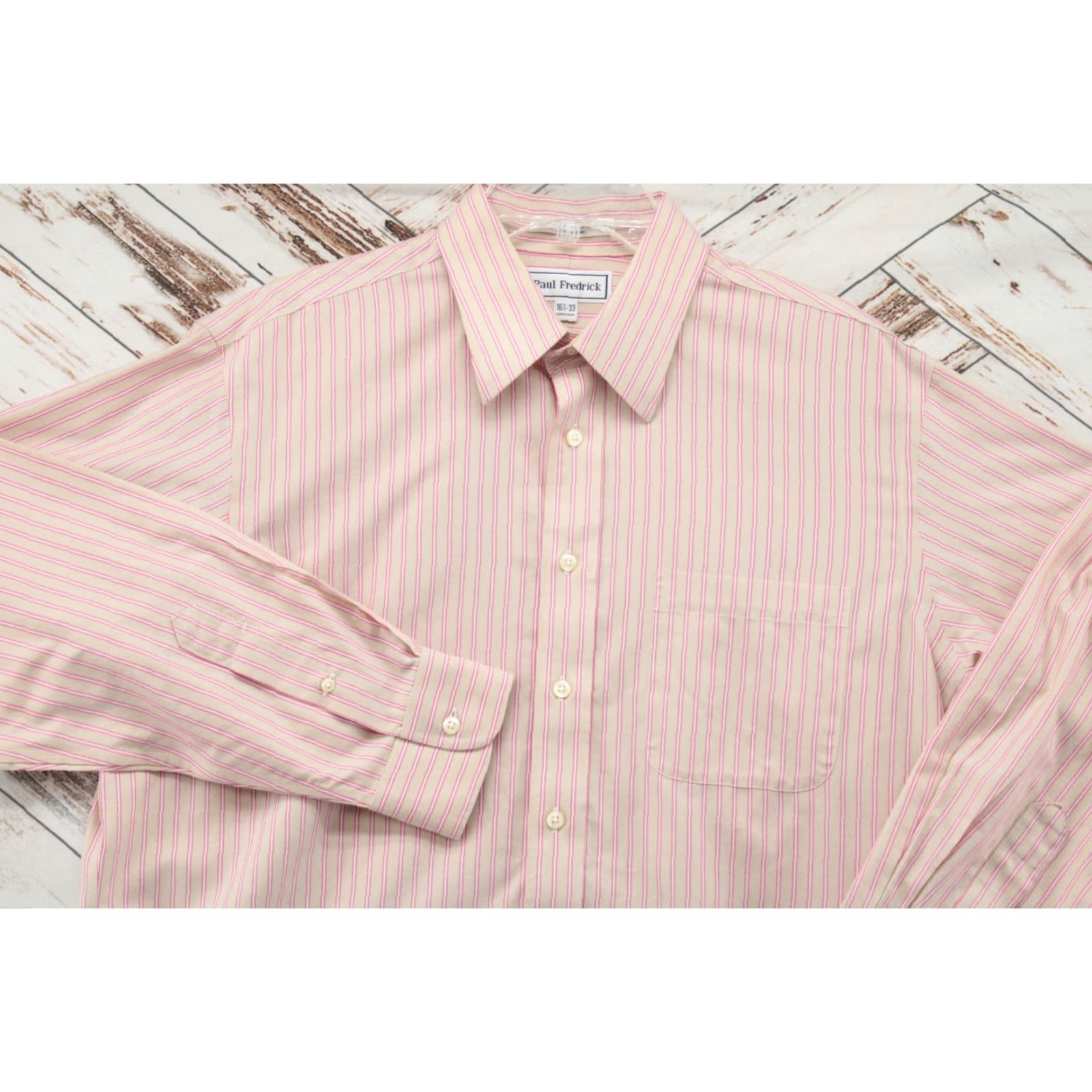 Vintage Paul Fredrick Shirt Men's 16.5 Beige Red Striped Two-Ply Cotton Dobby Casual Shirt Size US XL / EU 56 / 4 - 2 Thumbnail