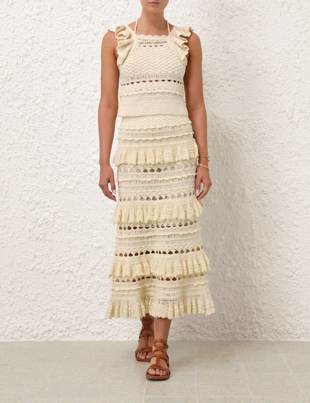 Zimmermann oc11z0525 Waverly Crochet Midi Skirt in Beige Size 26" / US 2 / IT 38 - 2 Thumbnail
