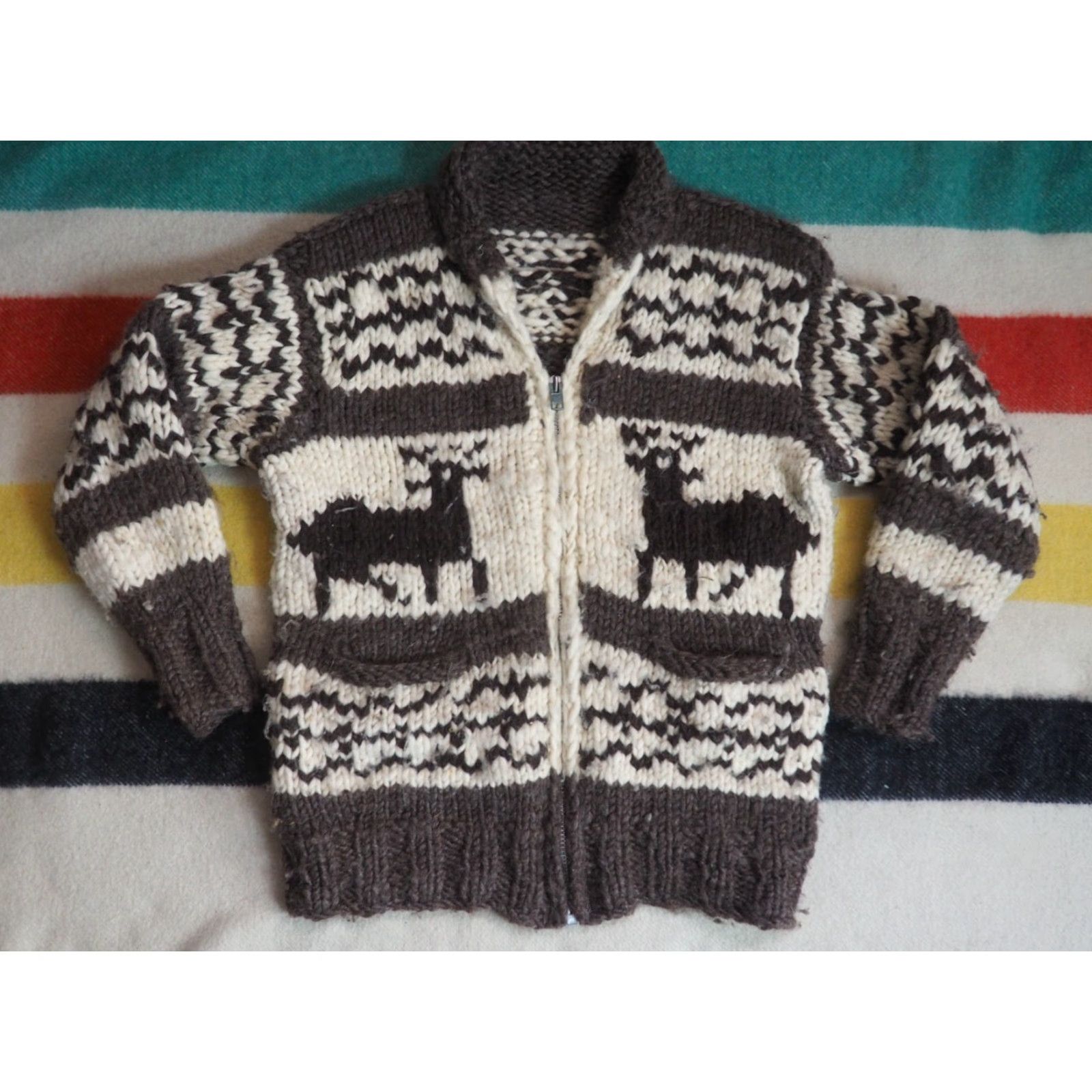 Vintage VTG 80s Ivory Cream Brown Heavy Wool Knit Deer Lodge Zip Cowichan Sweater Mens S Size US S / EU 44-46 / 1 - 2 Thumbnail