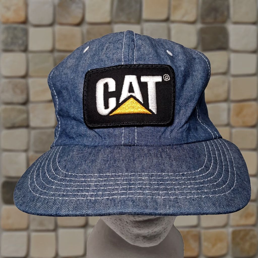 Caterpillar VINTAGE Caterpillar CAT Cap Hat Blue Chambray Denim Snap Back Work USA Size ONE SIZE - 1 Thumbnail