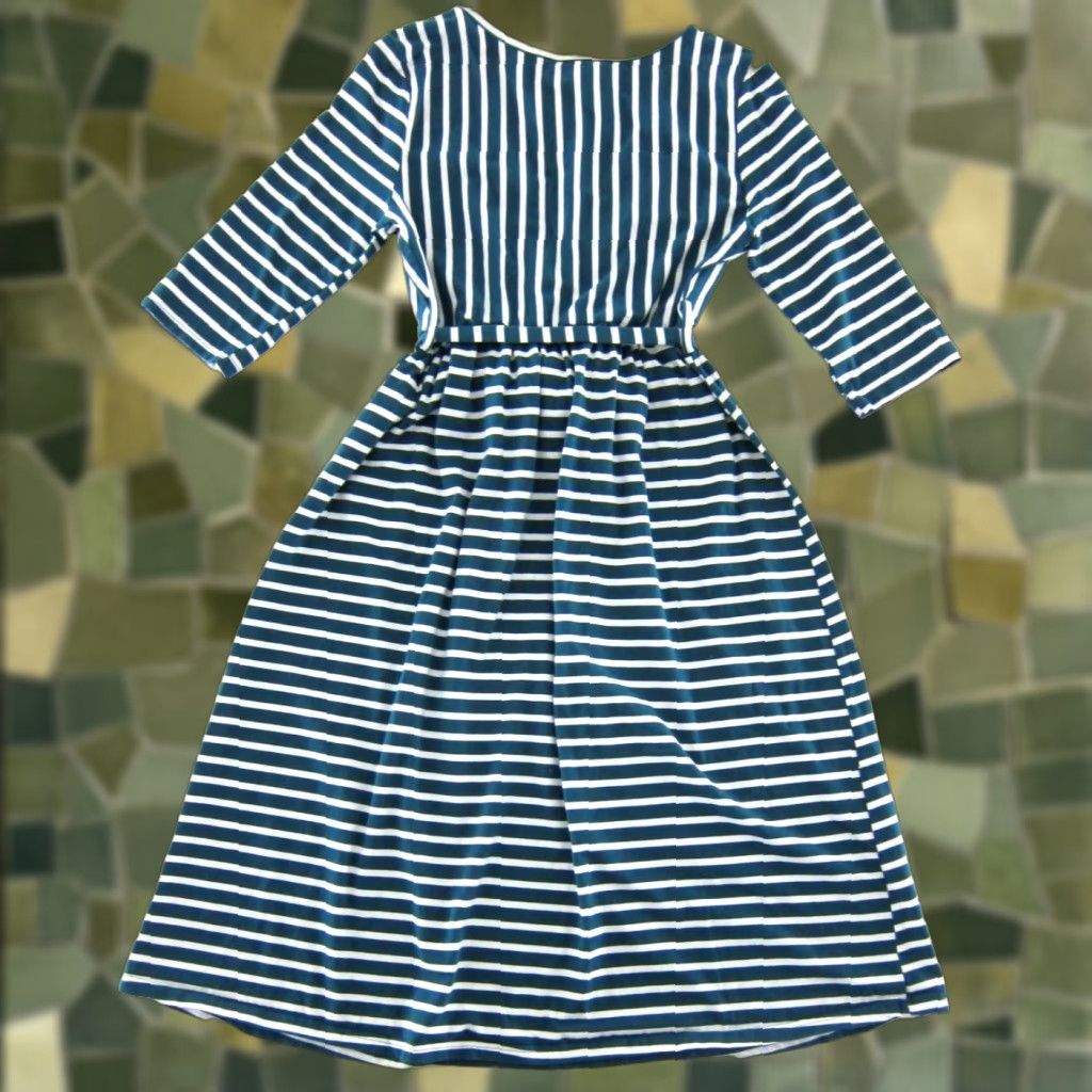 Vintage PatPat Green White Stripe Jersey Stretch V-Neck 3/4 Sleeve Midi Dress Large Size L / US 10 / IT 46 - 1 Thumbnail