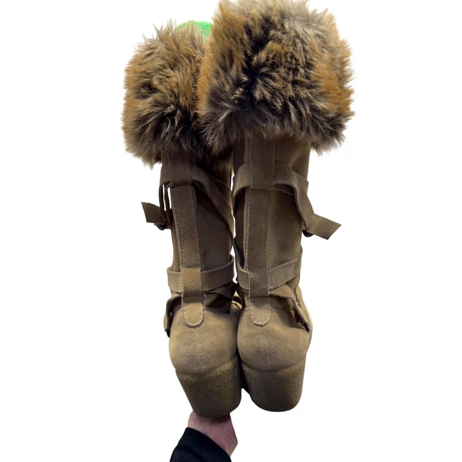 Vintage Report Tan Faux Fur-Trimmed Knee-High Wedge Boots #136B Womens 8 Bootie Tan Faux Fur Trim Knee-High Wedge Boots Report 136B Size US 8 / IT 38 - 2 Thumbnail