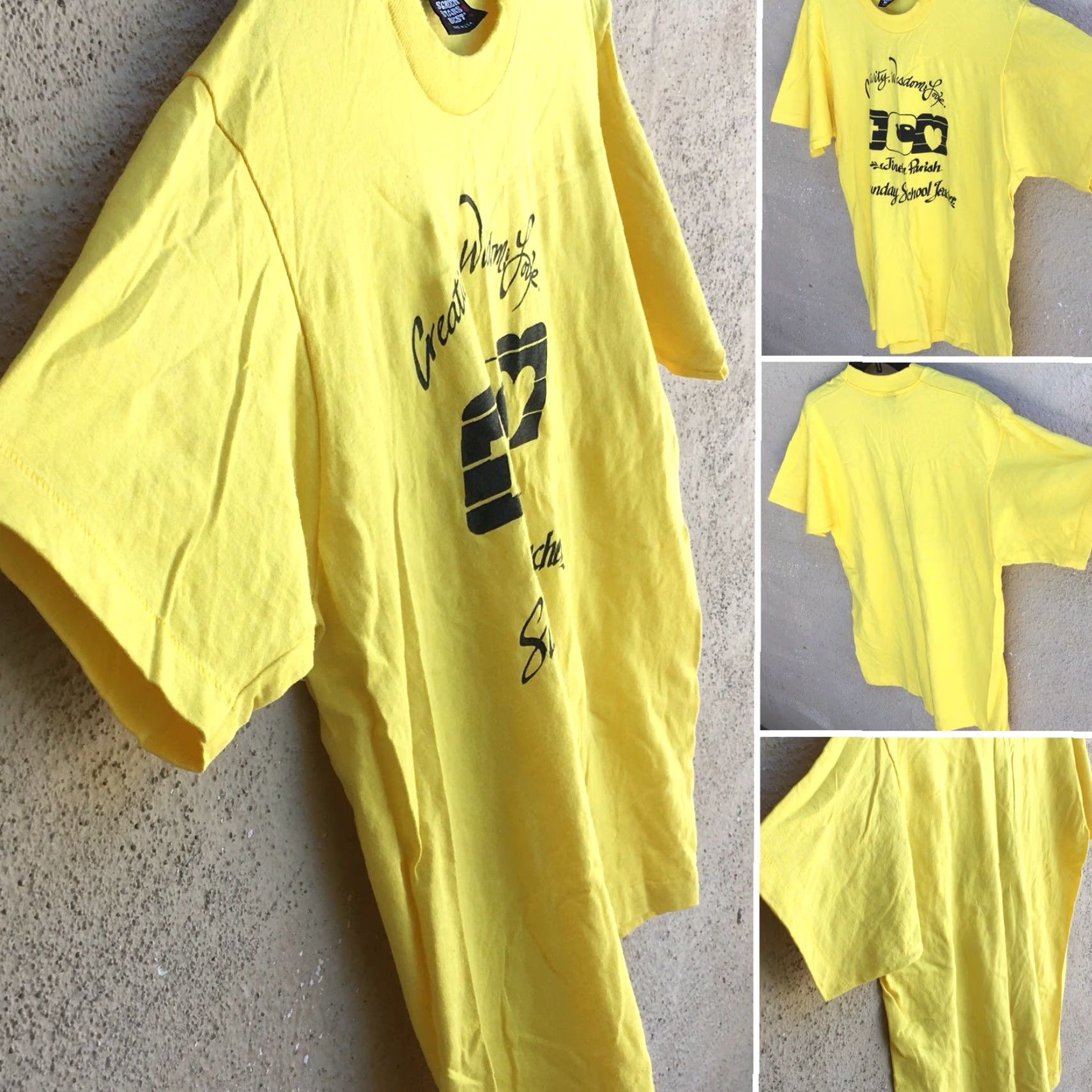 Vintage VINTAGE Screen Stars T-Shirt Yellow L Graphic Tee Unisex 1980s Sunday School Teacher Jireh Parish Wisdom Creativity Love Sz L Size US L / EU 52-54 / 3 - 2 Thumbnail