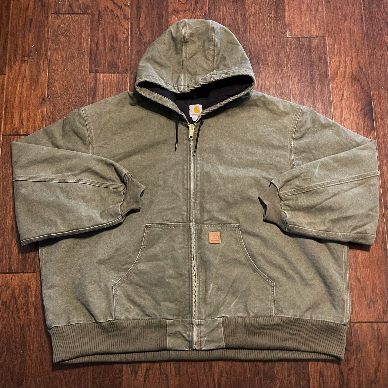 image of Carhartt J130 Hooded Duck Canvas Quilt Lined Jacket Coat in Green, Men's (Size 2XL)