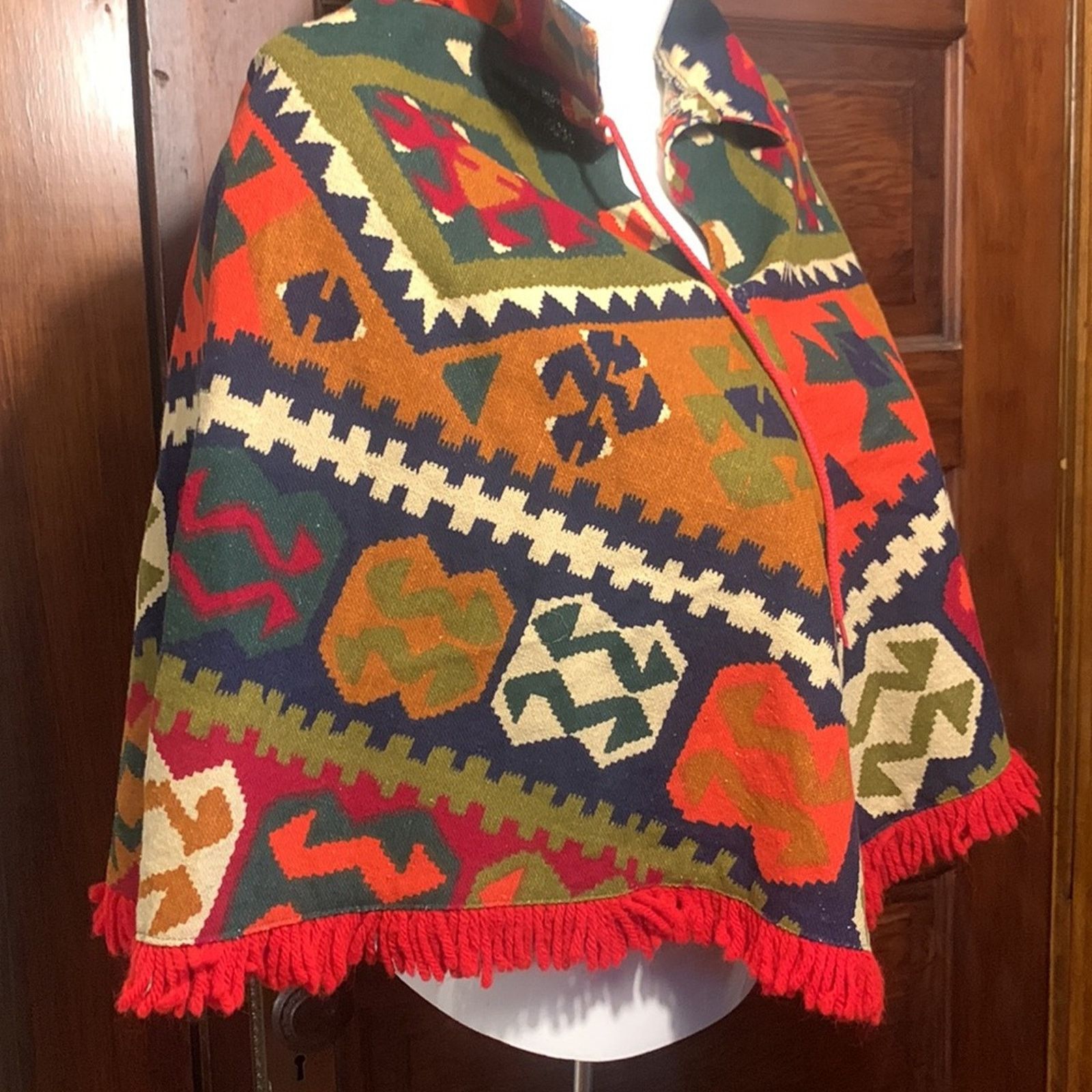 Vintage 70's Boho Aztec tribal poncho native ethnic serape fringed Size L / US 10 / IT 46 - 3 Thumbnail