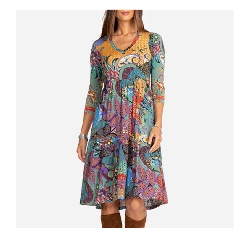 Johnny Was JOHNNY WAS Madison 3/4 Sleeve V Neckline Patterned Dress Size S / US 4 / IT 40 - 2 Thumbnail